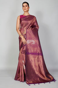 Shop purple zari Kanchipuram silk saree online in USA with silver paisley motifs. Look your best on festive occasions in latest designer saris, pure silk saris, Kanjivaram silk sarees, handwoven saris, tussar silk sarees, embroidered sarees from Pure Elegance Indian clothing store in USA.-full view