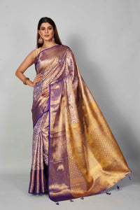 Shop purple heavy Kanchipuram silk sari online in USA with golden zari pallu. Look your best on festive occasions in latest designer saris, pure silk saris, Kanjivaram silk sarees, handwoven saris, tussar silk sarees, embroidered sarees from Pure Elegance Indian clothing store in USA.-full view