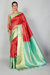 Buy red zari check Kanchipuram silk sari online in USA with blue zari border. Look your best on festive occasions in latest designer saris, pure silk saris, Kanjivaram silk sarees, handwoven saris, tussar silk sarees, embroidered sarees from Pure Elegance Indian clothing store in USA.-full view