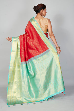 Buy red zari check Kanchipuram silk sari online in USA with blue zari border. Look your best on festive occasions in latest designer saris, pure silk saris, Kanjivaram silk sarees, handwoven saris, tussar silk sarees, embroidered sarees from Pure Elegance Indian clothing store in USA.-back