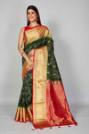 Shop bottle green silk Bandhej sari online in USA with red zari border. Look your best on festive occasions in latest designer saris, pure silk saris, Kanjivaram silk sarees, handwoven saris, tussar silk sarees, embroidered sarees from Pure Elegance Indian clothing store in USA.-full view