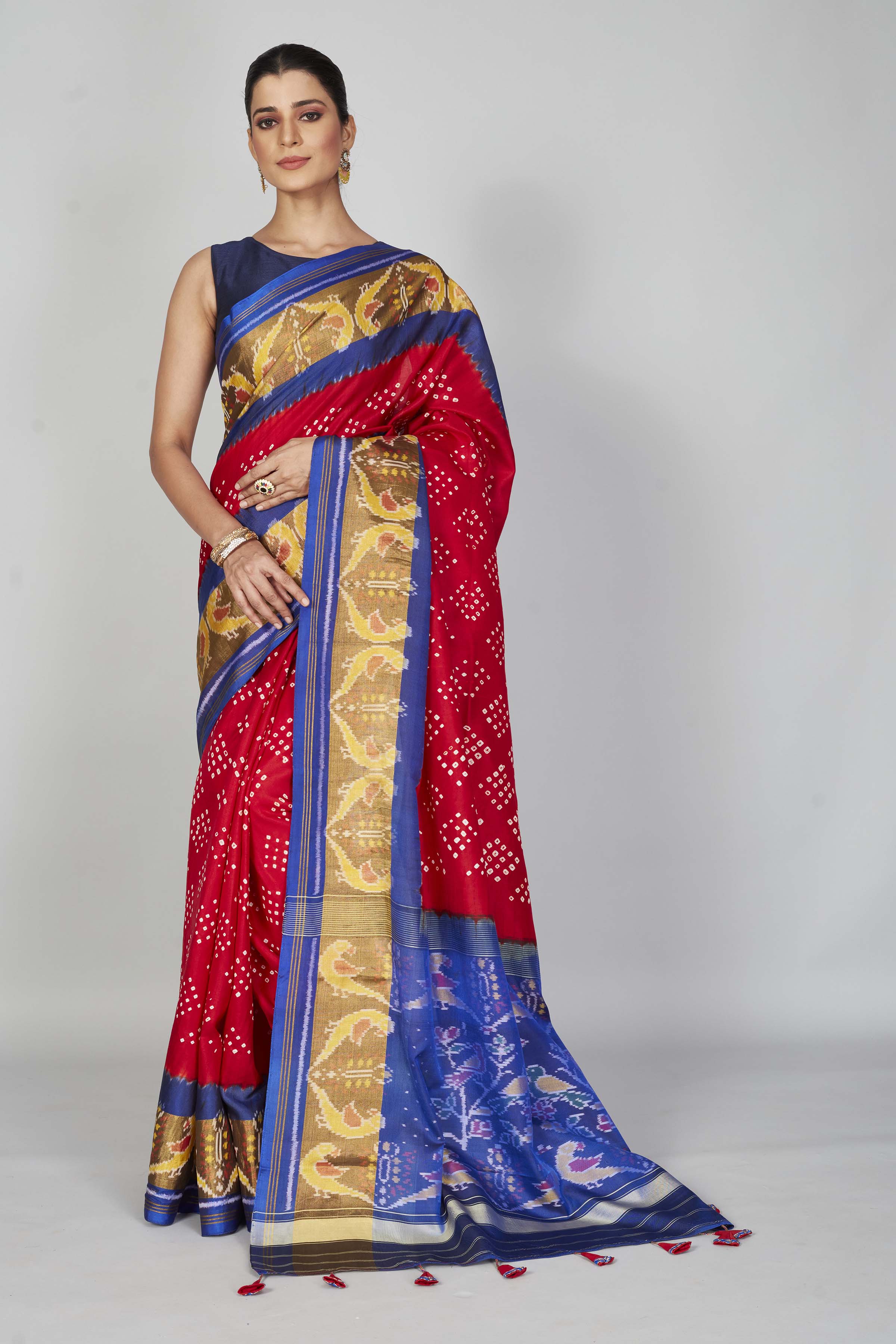 Buy red silk Bandhej sari online in USA with blue brown border. Look your best on festive occasions in latest designer saris, pure silk saris, Kanjivaram silk sarees, handwoven saris, tussar silk sarees, embroidered sarees from Pure Elegance Indian clothing store in USA.-full view