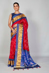 Buy red silk Bandhej sari online in USA with blue brown border. Look your best on festive occasions in latest designer saris, pure silk saris, Kanjivaram silk sarees, handwoven saris, tussar silk sarees, embroidered sarees from Pure Elegance Indian clothing store in USA.-full view