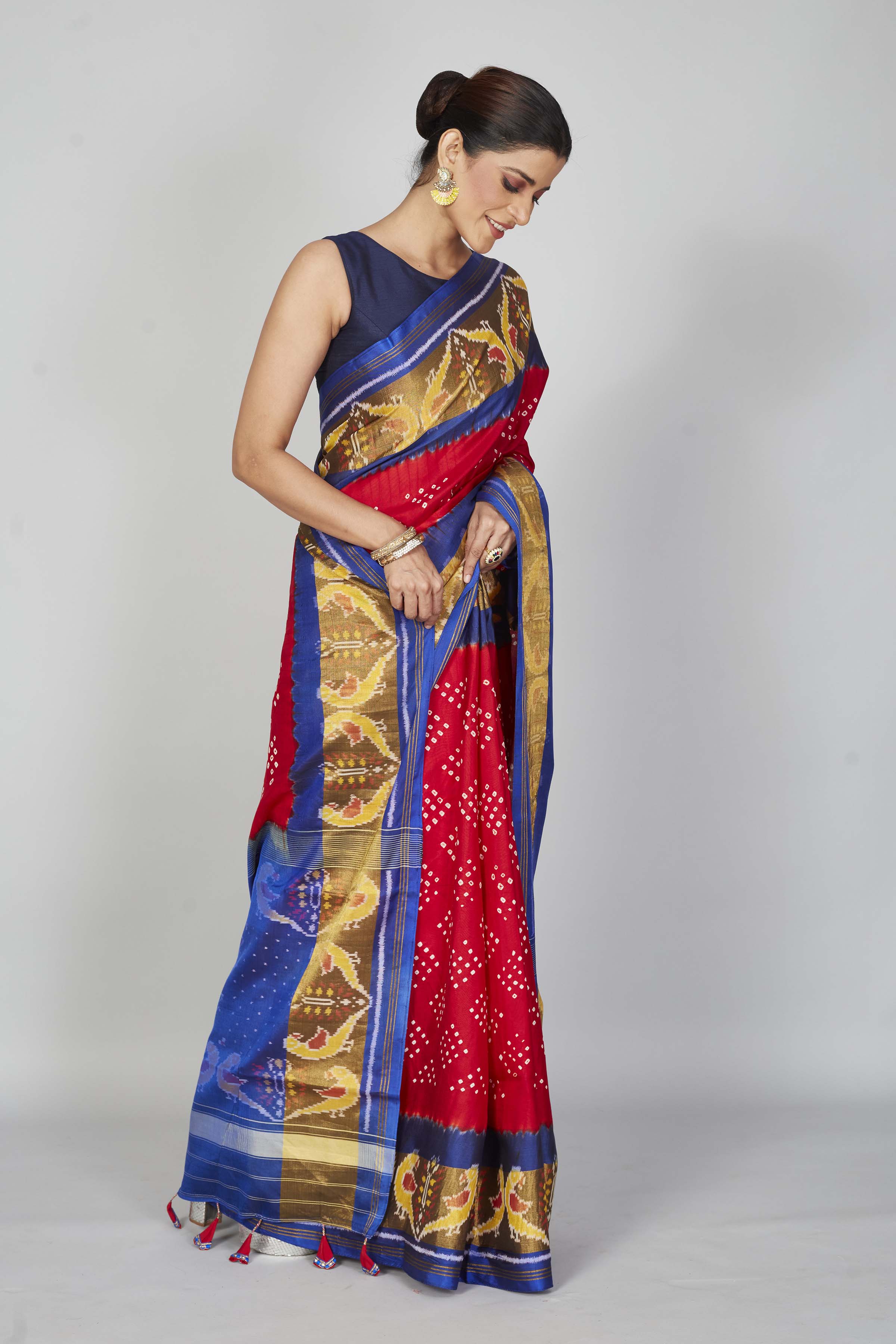 Buy red silk Bandhej sari online in USA with blue brown border. Look your best on festive occasions in latest designer saris, pure silk saris, Kanjivaram silk sarees, handwoven saris, tussar silk sarees, embroidered sarees from Pure Elegance Indian clothing store in USA.-side