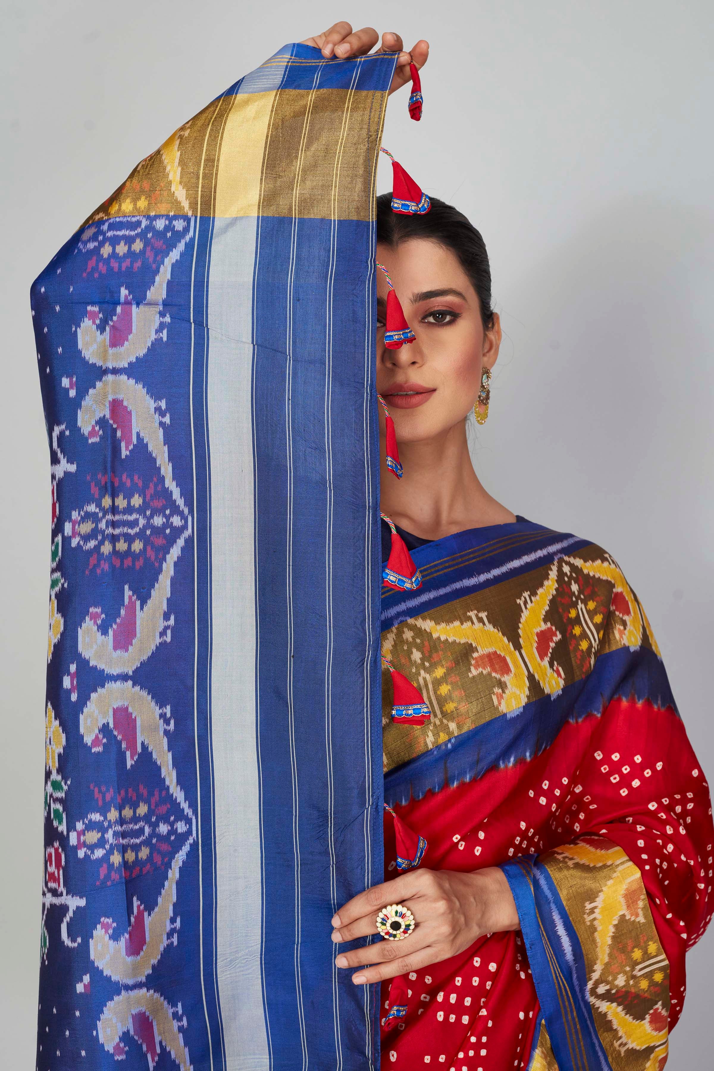 Buy red silk Bandhej sari online in USA with blue brown border. Look your best on festive occasions in latest designer saris, pure silk saris, Kanjivaram silk sarees, handwoven saris, tussar silk sarees, embroidered sarees from Pure Elegance Indian clothing store in USA.-closeup