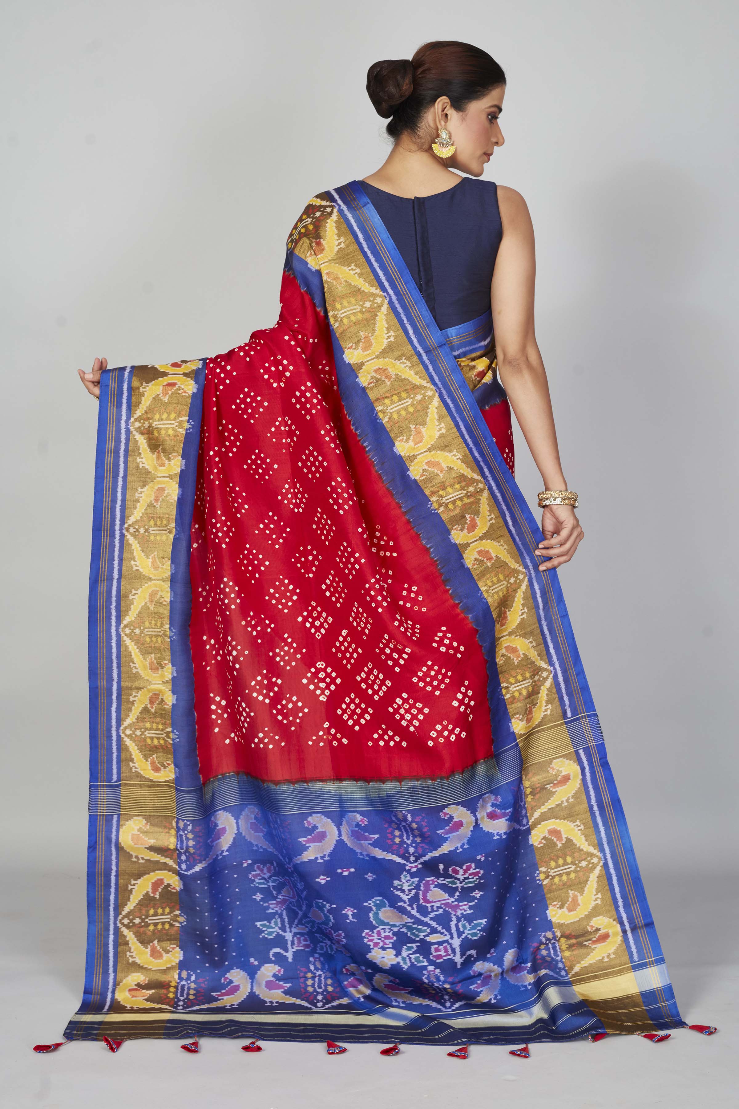 Buy red silk Bandhej sari online in USA with blue brown border. Look your best on festive occasions in latest designer saris, pure silk saris, Kanjivaram silk sarees, handwoven saris, tussar silk sarees, embroidered sarees from Pure Elegance Indian clothing store in USA.-back