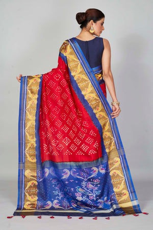 Buy red silk Bandhej sari online in USA with blue brown border. Look your best on festive occasions in latest designer saris, pure silk saris, Kanjivaram silk sarees, handwoven saris, tussar silk sarees, embroidered sarees from Pure Elegance Indian clothing store in USA.-back