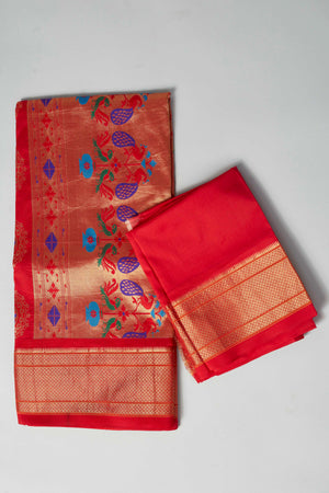 Shop red silk Bandhej sari online in USA with golden zari border. Look your best on festive occasions in latest designer saris, pure silk saris, Kanjivaram silk sarees, handwoven saris, tussar silk sarees, embroidered sarees from Pure Elegance Indian clothing store in USA.-blouse