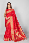 Shop red silk Bandhej sari online in USA with golden zari border. Look your best on festive occasions in latest designer saris, pure silk saris, Kanjivaram silk sarees, handwoven saris, tussar silk sarees, embroidered sarees from Pure Elegance Indian clothing store in USA.-full view