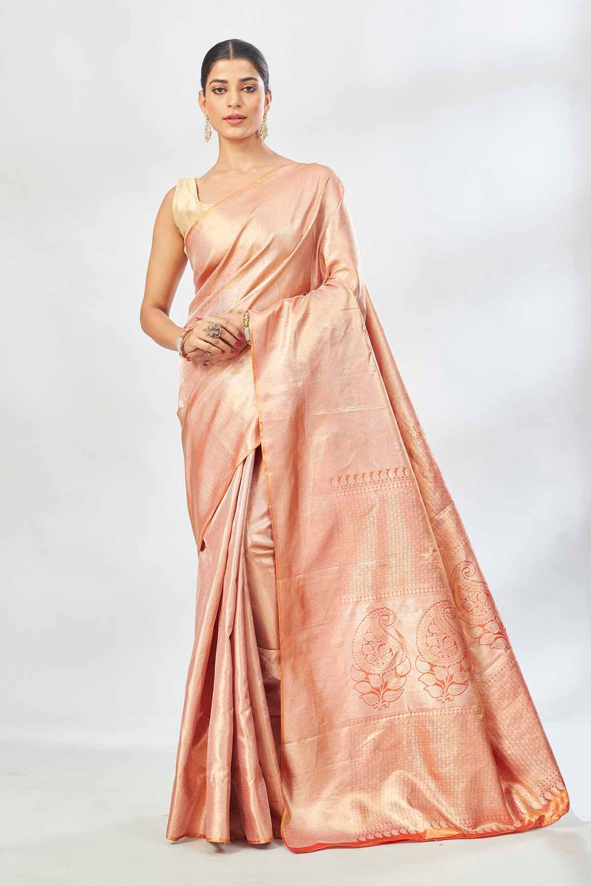 Buy beautiful orange tissue silk saree online in USA. Look your best on festive occasions in latest designer saris, pure silk saris, tissue silk sarees, handwoven saris, tussar silk sarees, linen sarees,  summer sarees from Pure Elegance Indian clothing store in USA.-full view