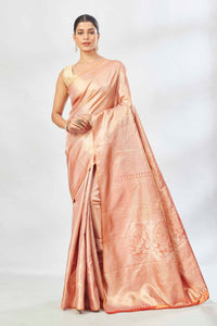 Buy beautiful orange tissue silk saree online in USA. Look your best on festive occasions in latest designer saris, pure silk saris, tissue silk sarees, handwoven saris, tussar silk sarees, linen sarees,  summer sarees from Pure Elegance Indian clothing store in USA.-full view