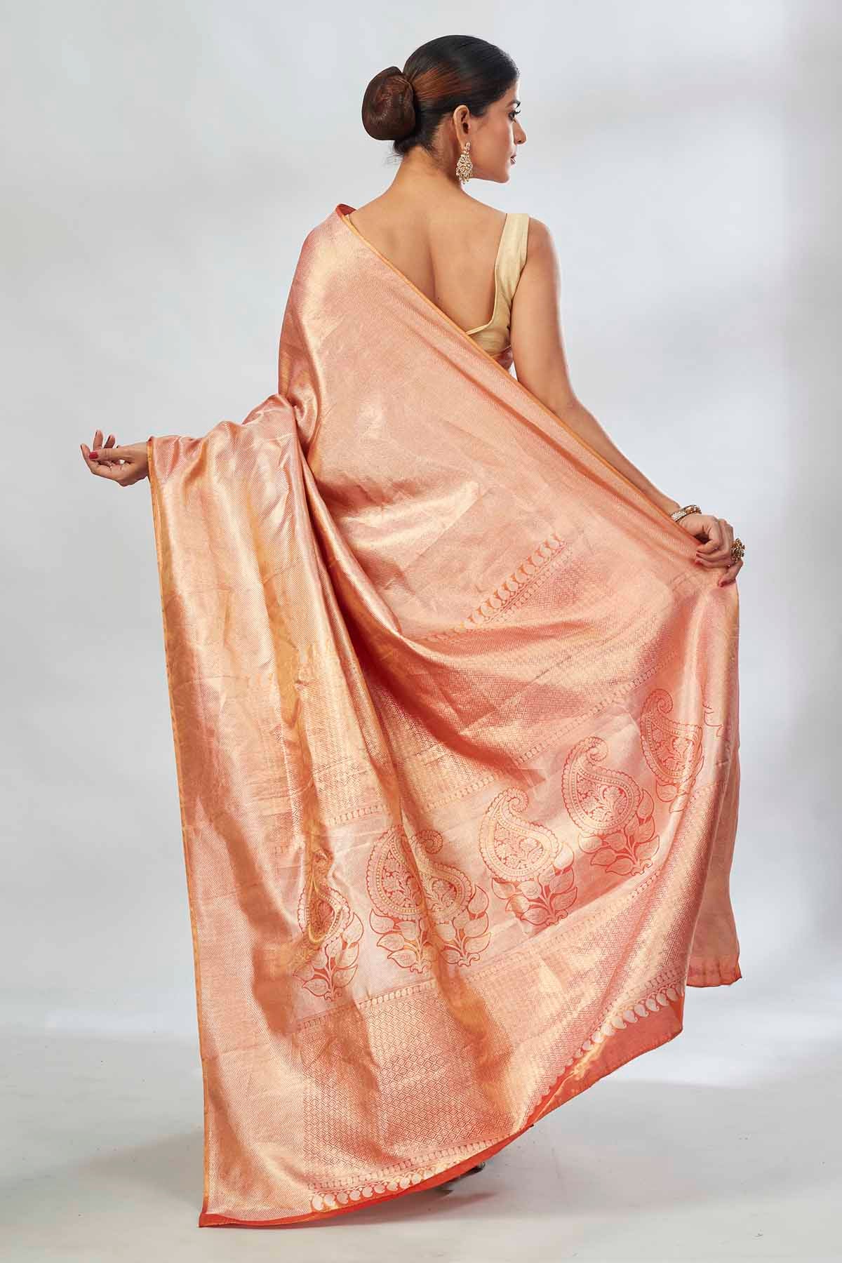 Buy beautiful orange tissue silk saree online in USA. Look your best on festive occasions in latest designer saris, pure silk saris, tissue silk sarees, handwoven saris, tussar silk sarees, linen sarees,  summer sarees from Pure Elegance Indian clothing store in USA.-back