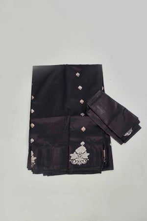 Buy black Mashru silk saree online in USA with silver zari buti and pallu. Look your best on festive occasions in latest designer saris, pure silk saris, tissue silk sarees, handwoven saris, tussar silk sarees, linen sarees,  summer sarees from Pure Elegance Indian clothing store in USA.-blouse