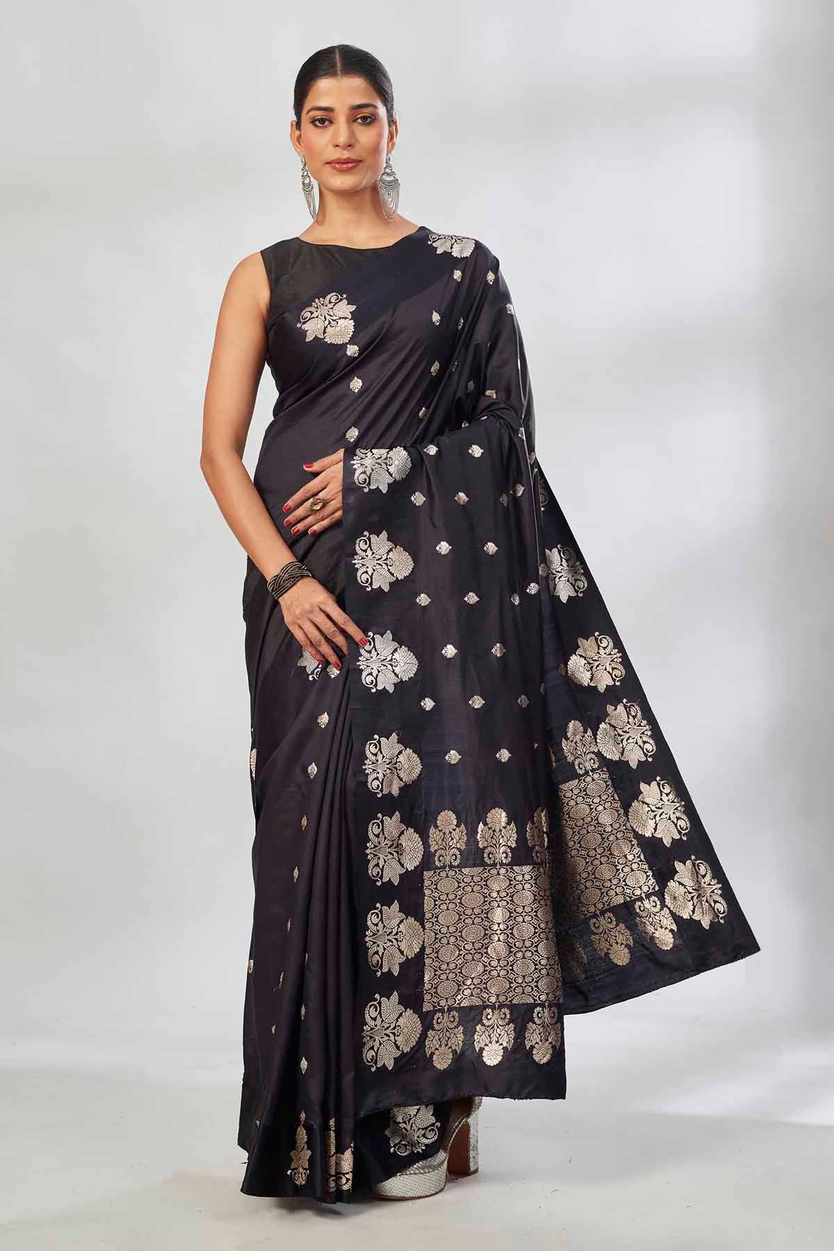 Buy black Mashru silk saree online in USA with silver zari buti and pallu. Look your best on festive occasions in latest designer saris, pure silk saris, tissue silk sarees, handwoven saris, tussar silk sarees, linen sarees,  summer sarees from Pure Elegance Indian clothing store in USA.-full view
