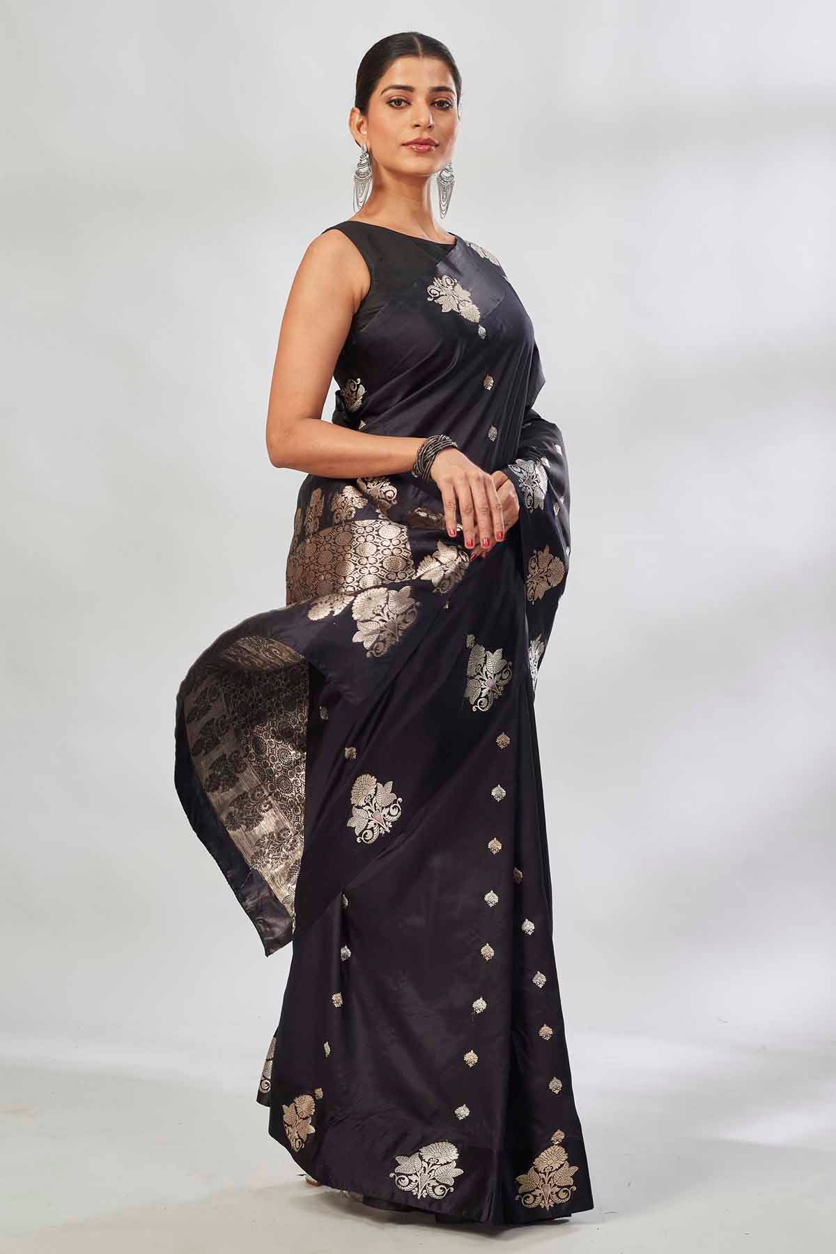 Buy black Mashru silk saree online in USA with silver zari buti and pallu. Look your best on festive occasions in latest designer saris, pure silk saris, tissue silk sarees, handwoven saris, tussar silk sarees, linen sarees,  summer sarees from Pure Elegance Indian clothing store in USA.-side