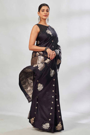 Buy black Mashru silk saree online in USA with silver zari buti and pallu. Look your best on festive occasions in latest designer saris, pure silk saris, tissue silk sarees, handwoven saris, tussar silk sarees, linen sarees,  summer sarees from Pure Elegance Indian clothing store in USA.-side