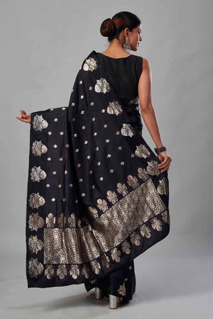 Buy black Mashru silk saree online in USA with silver zari buti and pallu. Look your best on festive occasions in latest designer saris, pure silk saris, tissue silk sarees, handwoven saris, tussar silk sarees, linen sarees,  summer sarees from Pure Elegance Indian clothing store in USA.-back