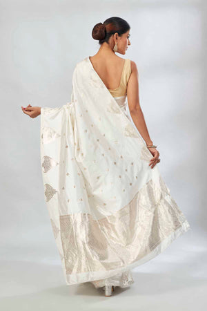 Buy white Mashru silk sari online in USA with zari buti and pallu. Look your best on festive occasions in latest designer saris, pure silk saris, tissue silk sarees, handwoven saris, tussar silk sarees, linen sarees,  summer sarees from Pure Elegance Indian clothing store in USA.-back