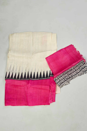 Buy cream batik print saree online in USA with orange and pink border. Look your best on festive occasions in latest designer saris, pure silk saris, tissue silk sarees, handwoven saris, tussar silk sarees, linen sarees,  summer sarees from Pure Elegance Indian clothing store in USA.-blouse
