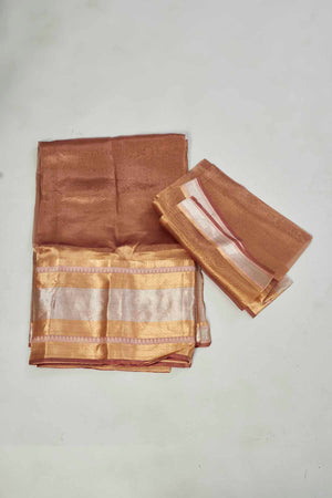 Shop golden tissue silk sari online in USA with silver stripes. Look your best on festive occasions in latest designer saris, pure silk saris, tissue silk sarees, handwoven saris, tussar silk sarees, linen sarees,  summer sarees from Pure Elegance Indian clothing store in USA.-blouse