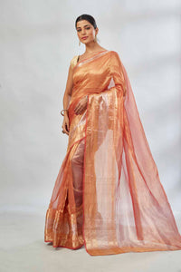Shop beautiful golden and silver tissue silk saree online in USA. Look your best on festive occasions in latest designer saris, pure silk saris, tissue silk sarees, handwoven saris, tussar silk sarees, linen sarees,  summer sarees from Pure Elegance Indian clothing store in USA.-full view
