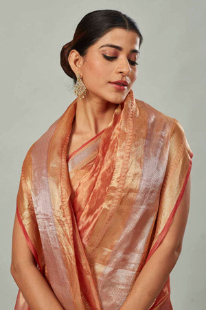 Shop beautiful golden and silver tissue silk saree online in USA. Look your best on festive occasions in latest designer saris, pure silk saris, tissue silk sarees, handwoven saris, tussar silk sarees, linen sarees,  summer sarees from Pure Elegance Indian clothing store in USA.-closeup