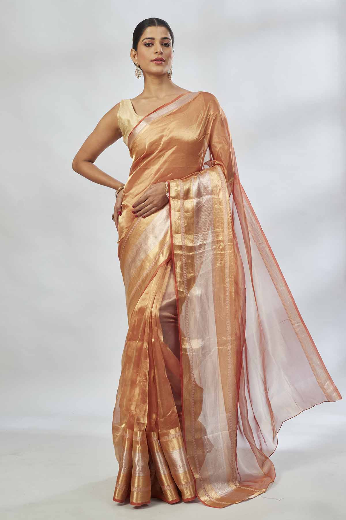 Buy beautiful golden and silver tissue silk sari online in USA. Look your best on festive occasions in latest designer saris, pure silk saris, tissue silk sarees, handwoven saris, tussar silk sarees, linen sarees,  summer sarees from Pure Elegance Indian clothing store in USA.-full view