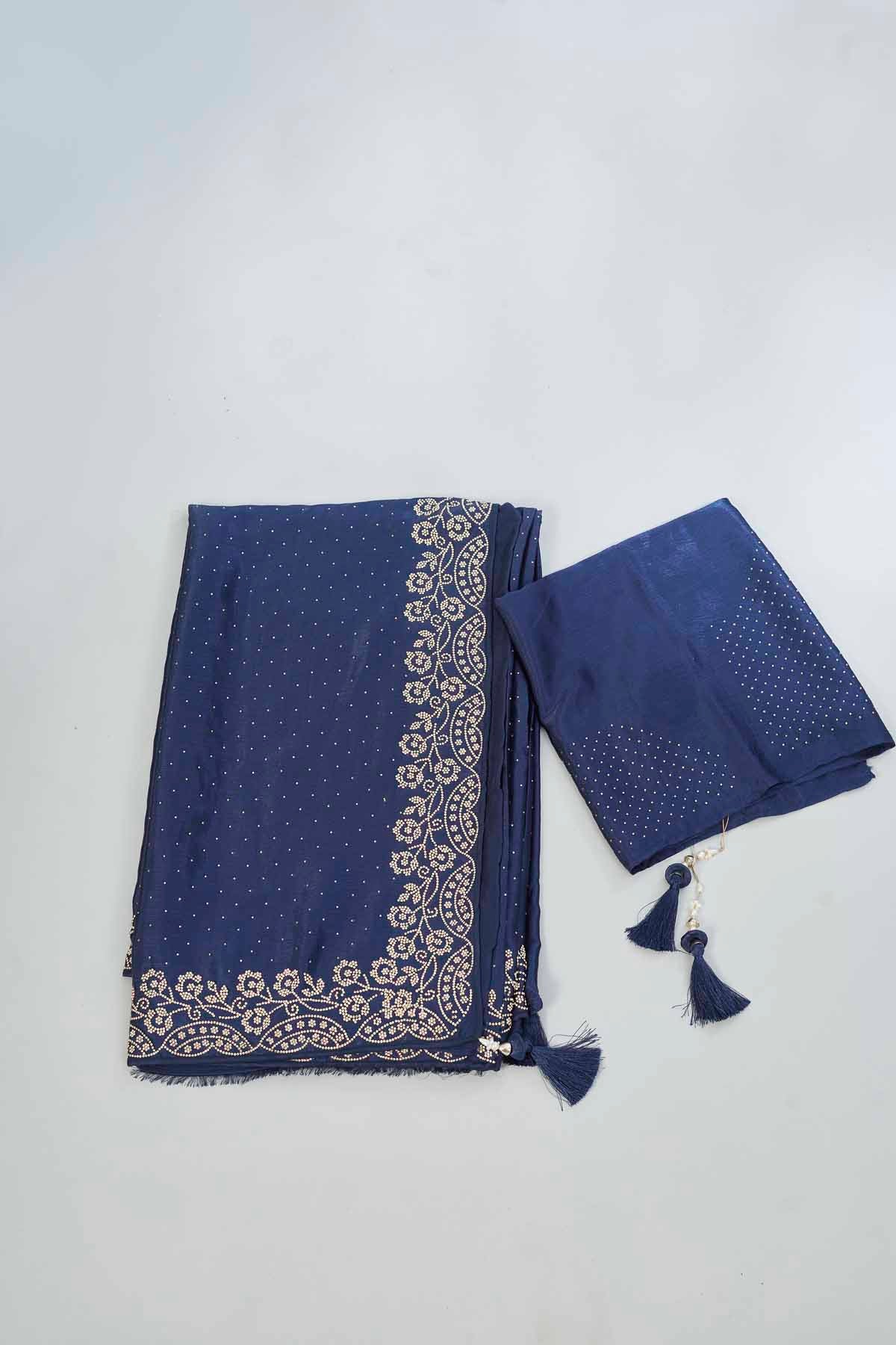 Shop navy blue stoen work crepe sari online in USA. Look your best on festive occasions in latest designer saris, pure silk saris, Kanjivaram silk sarees, handwoven saris, silk sarees, linen sarees,  embroidered sarees from Pure Elegance Indian clothing store in USA.-blouse