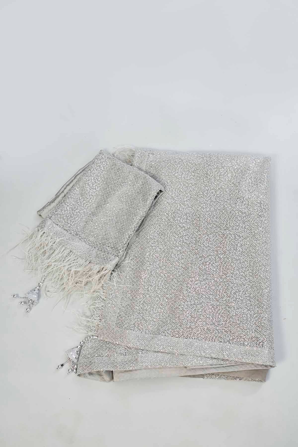 Buy light grey embroidered sequin net sari online in USA. Look your best on festive occasions in latest designer saris, pure silk saris, Kanjivaram silk sarees, handwoven saris, silk sarees, linen sarees,  embroidered sarees from Pure Elegance Indian clothing store in USA.-blouse