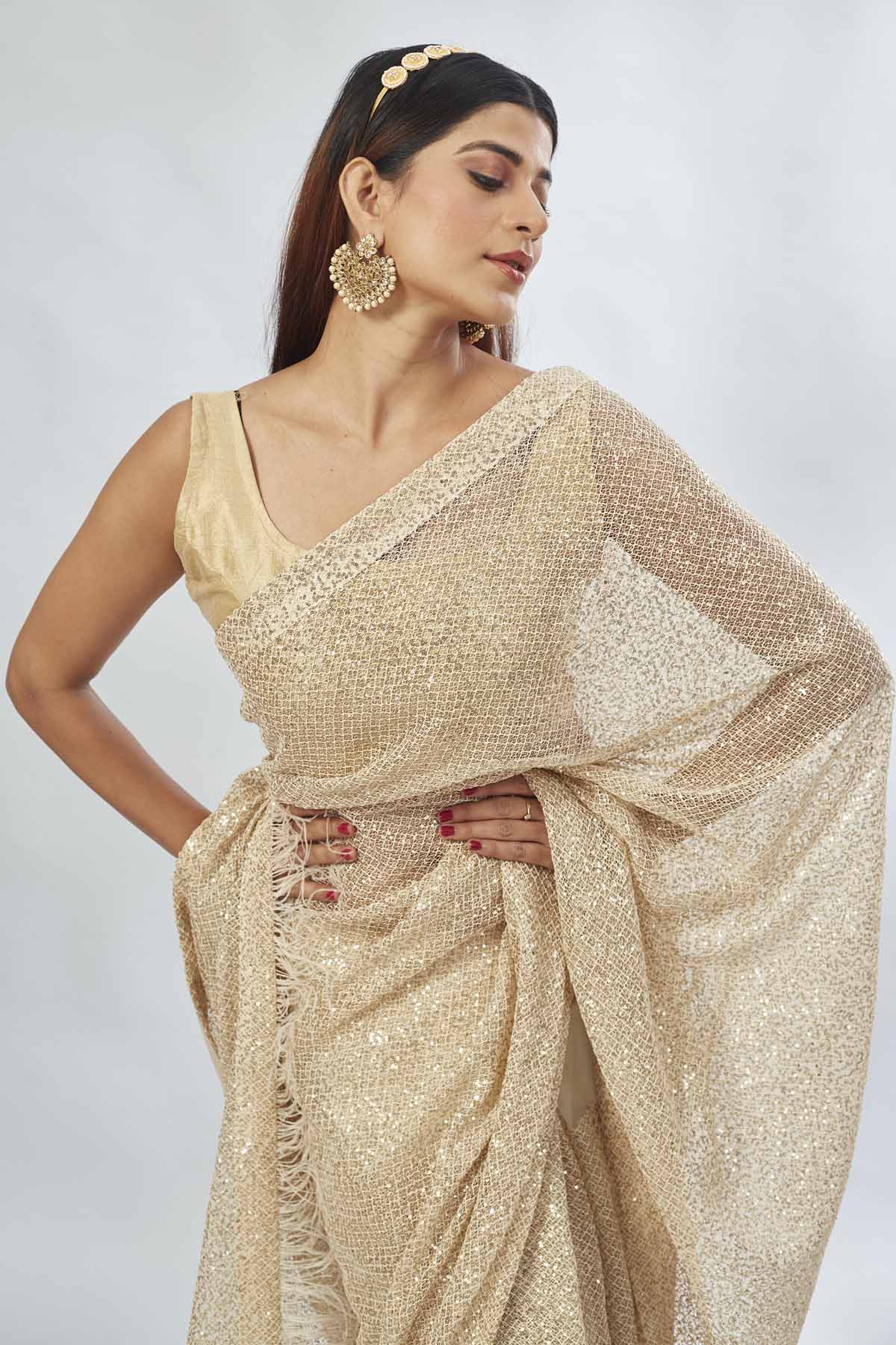 Shop stunning beige embroidered sequin net sari online in USA. Look your best on festive occasions in latest designer saris, pure silk saris, Kanjivaram silk sarees, handwoven saris, silk sarees, linen sarees,  embroidered sarees from Pure Elegance Indian clothing store in USA.-closeup