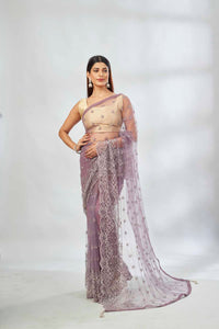 Buy mauve embroidered net designer sari online in USA. Look your best on festive occasions in latest designer saris, pure silk saris, Kanjivaram silk sarees, handwoven saris, tussar silk sarees, linen sarees,  embroidered sarees from Pure Elegance Indian clothing store in USA.-full view
