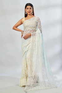 Buy powder blue and cream embroidered net designer sari online in USA. Look your best on festive occasions in latest designer saris, pure silk saris, Kanjivaram silk sarees, handwoven saris, tussar silk sarees, linen sarees,  embroidered sarees from Pure Elegance Indian clothing store in USA.-full view