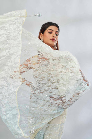 Buy powder blue and cream embroidered net designer sari online in USA. Look your best on festive occasions in latest designer saris, pure silk saris, Kanjivaram silk sarees, handwoven saris, tussar silk sarees, linen sarees,  embroidered sarees from Pure Elegance Indian clothing store in USA.-closeup
