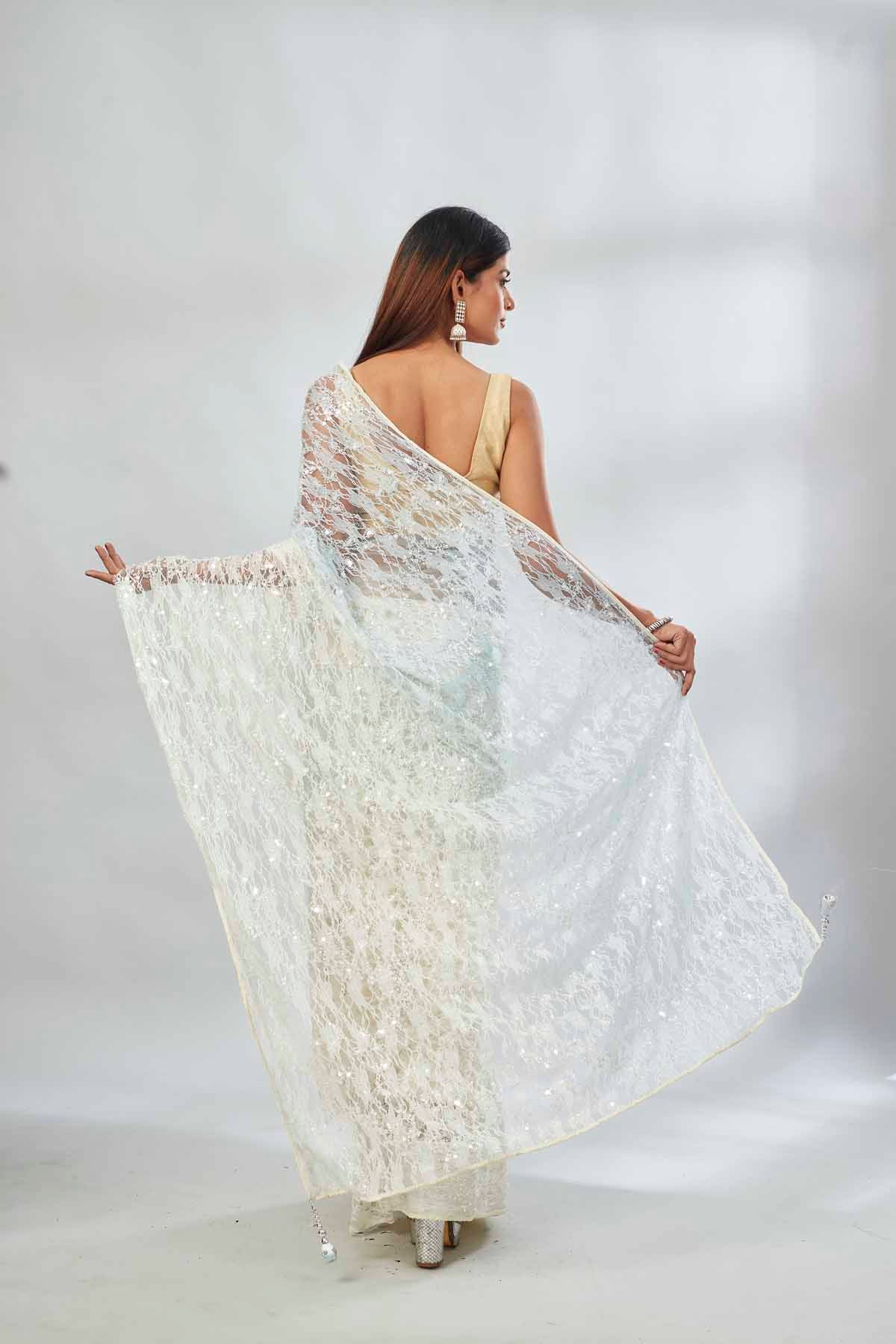 Buy powder blue and cream embroidered net designer sari online in USA. Look your best on festive occasions in latest designer saris, pure silk saris, Kanjivaram silk sarees, handwoven saris, tussar silk sarees, linen sarees,  embroidered sarees from Pure Elegance Indian clothing store in USA.-back