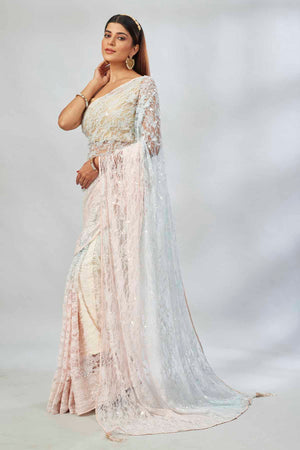 Buy cream and powder blue embroidered designer net sari online in USA. Look your best on festive occasions in latest designer saris, pure silk saris, Kanjivaram silk sarees, handwoven saris, tussar silk sarees, linen sarees,  embroidered sarees from Pure Elegance Indian clothing store in USA.-pallu