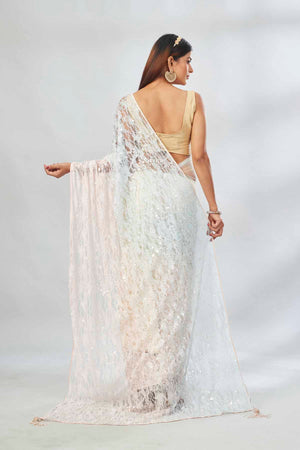 Buy cream and powder blue embroidered designer net sari online in USA. Look your best on festive occasions in latest designer saris, pure silk saris, Kanjivaram silk sarees, handwoven saris, tussar silk sarees, linen sarees,  embroidered sarees from Pure Elegance Indian clothing store in USA.-back