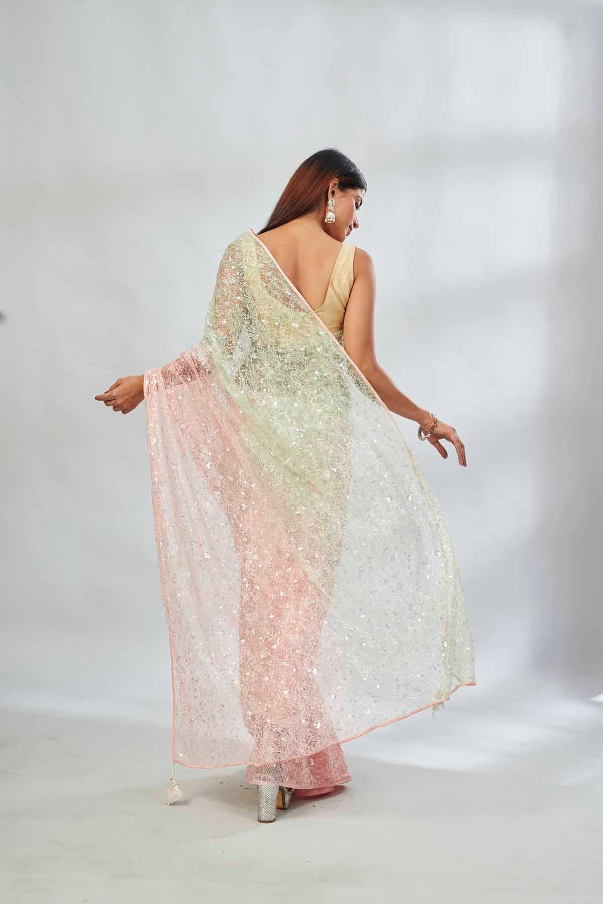Shop powder pink and green embroidered net sari online in USA with overall embroidery. Look your best on festive occasions in latest designer saris, pure silk saris, Kanjivaram silk sarees, handwoven saris, tussar silk sarees, linen sarees,  embroidered sarees from Pure Elegance Indian clothing store in USA.-back