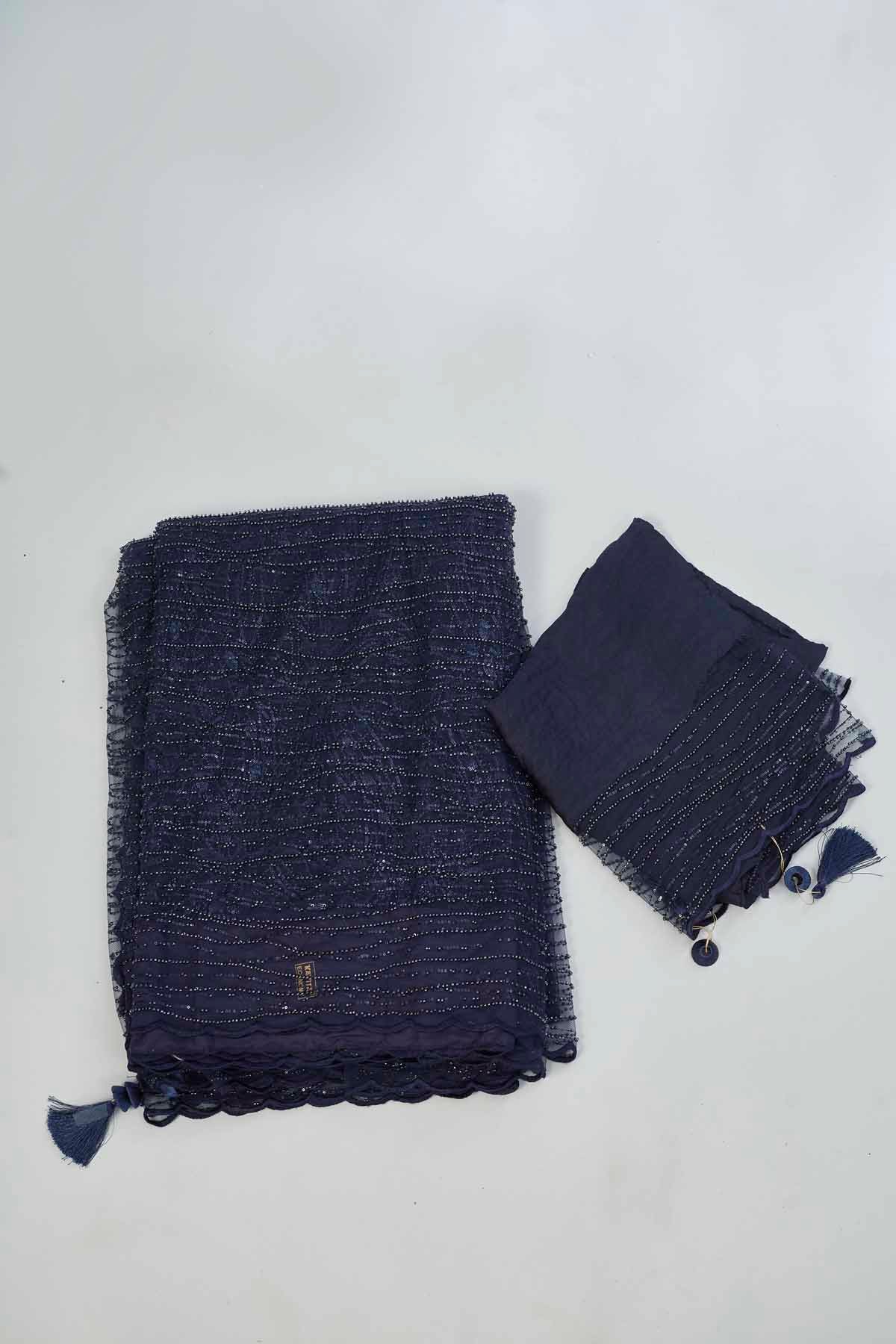 Buy stunning navy designer net sari online in USA with overall embroidery. Look your best on festive occasions in latest designer saris, pure silk saris, Kanjivaram silk sarees, handwoven saris, tussar silk sarees, linen sarees,  embroidered sarees from Pure Elegance Indian clothing store in USA.-blouse