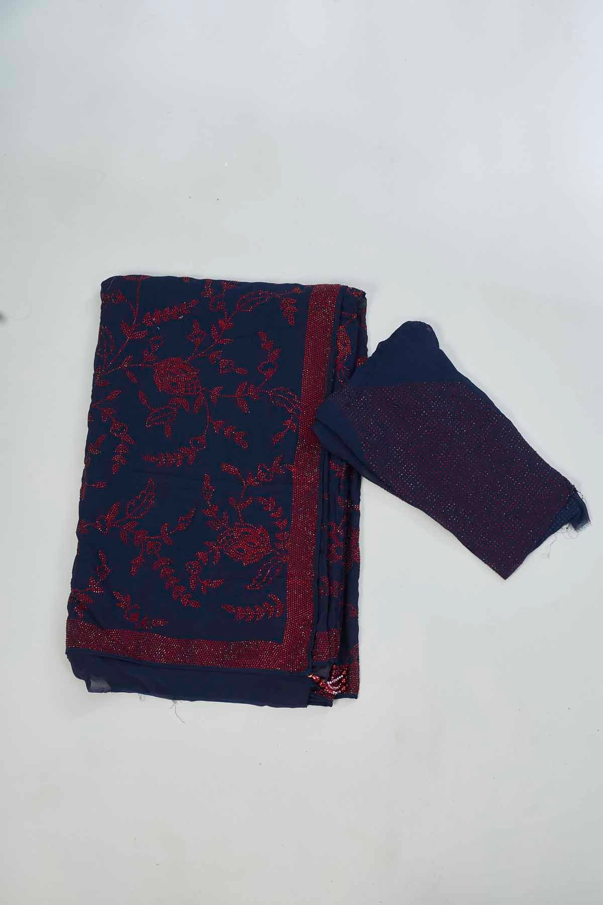 Shop navy blue embroidered georgette sari online in USA. Look your best on festive occasions in latest designer saris, pure silk saris, Kanjivaram silk sarees, handwoven saris, silk sarees, linen sarees,  embroidered sarees from Pure Elegance Indian clothing store in USA.-blouse
