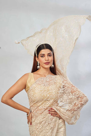Buy cream embroidered designer lace sari online in USA. Look your best on festive occasions in latest designer saris, pure silk saris, Kanjivaram silk sarees, handwoven saris, tussar silk sarees, linen sarees,  embroidered sarees from Pure Elegance Indian clothing store in USA.-closeup