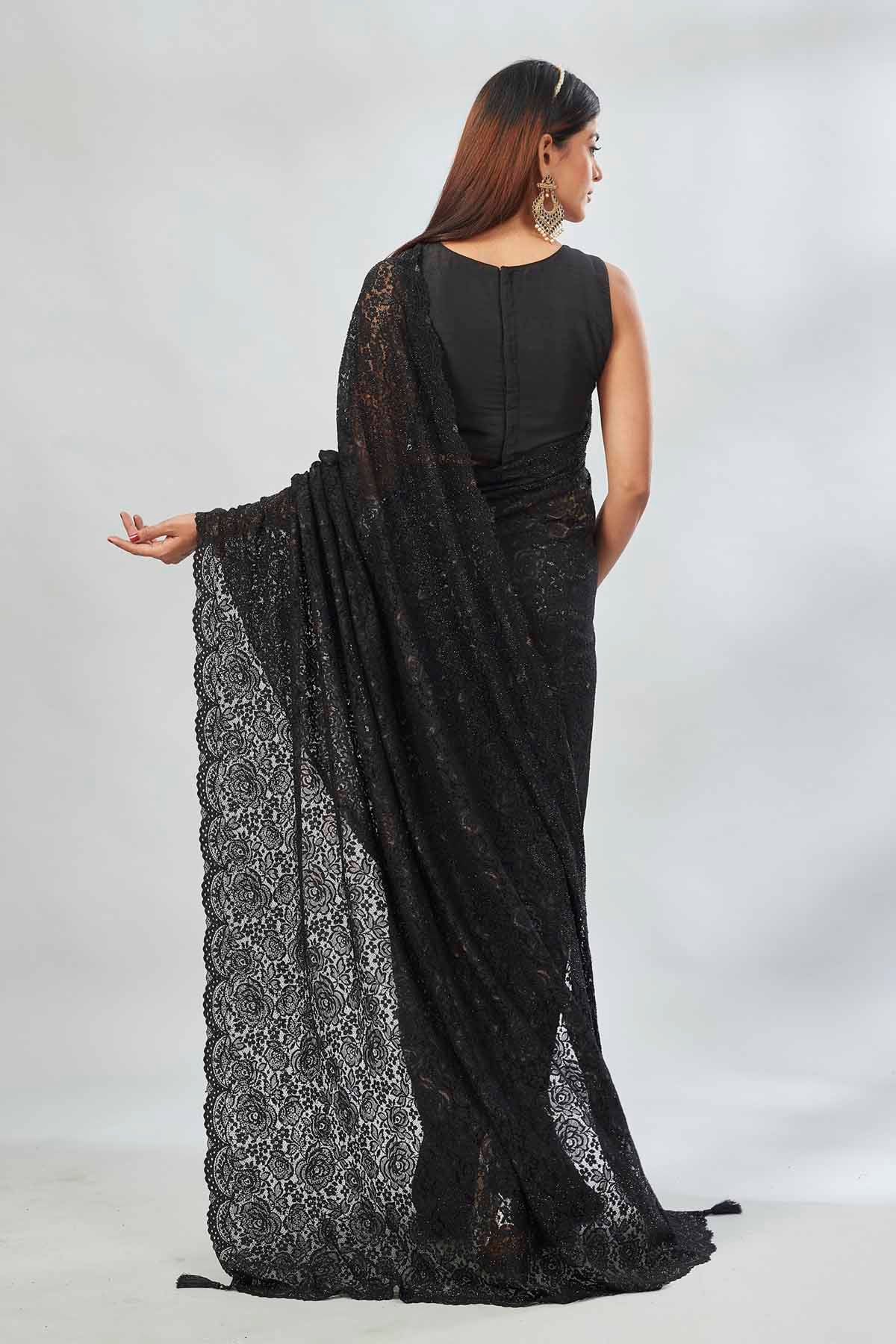 Shop black embroidered lace saree online in USA. Look your best on festive occasions in latest designer saris, pure silk saris, Kanjivaram silk sarees, handwoven saris, tussar silk sarees, linen sarees,  embroidered sarees from Pure Elegance Indian clothing store in USA.-back
