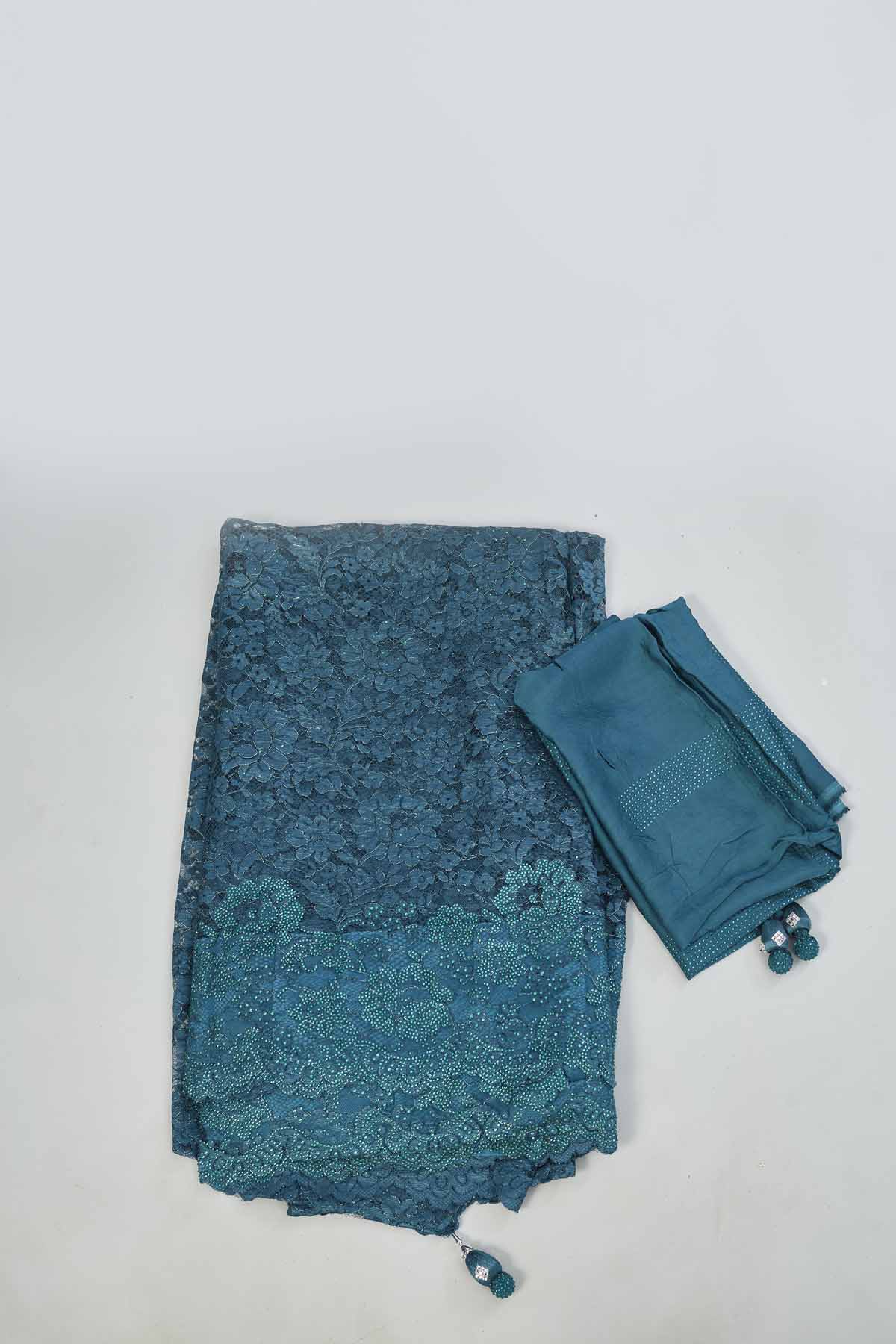 Shop stunning teal embroidered lace saree online in USA. Look your best on festive occasions in latest designer saris, pure silk saris, Kanjivaram silk sarees, handwoven saris, tussar silk sarees, linen sarees,  embroidered sarees from Pure Elegance Indian clothing store in USA.-blouse