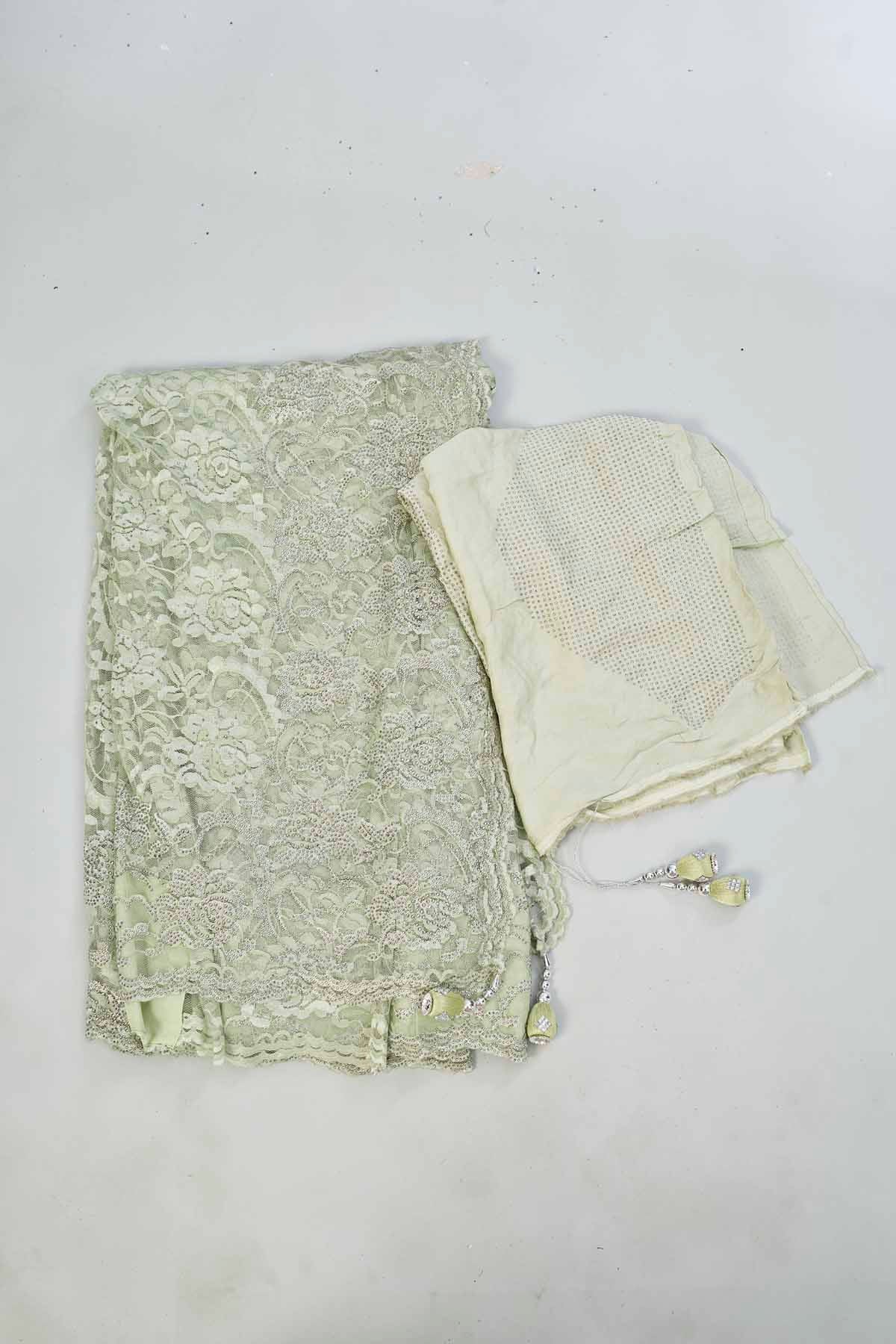 Buy elegant pastel  green embroidered lace saree online in USA. Look your best on festive occasions in latest designer saris, pure silk saris, Kanjivaram silk sarees, handwoven saris, tussar silk sarees, linen sarees,  embroidered sarees from Pure Elegance Indian clothing store in USA.-blouse