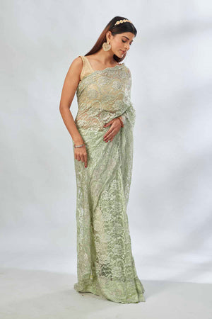 Buy elegant pastel  green embroidered lace saree online in USA. Look your best on festive occasions in latest designer saris, pure silk saris, Kanjivaram silk sarees, handwoven saris, tussar silk sarees, linen sarees,  embroidered sarees from Pure Elegance Indian clothing store in USA.-saree