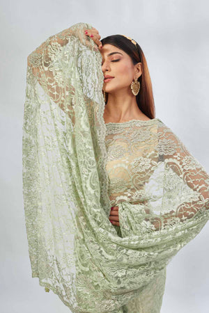 Buy elegant pastel  green embroidered lace saree online in USA. Look your best on festive occasions in latest designer saris, pure silk saris, Kanjivaram silk sarees, handwoven saris, tussar silk sarees, linen sarees,  embroidered sarees from Pure Elegance Indian clothing store in USA.-closeup