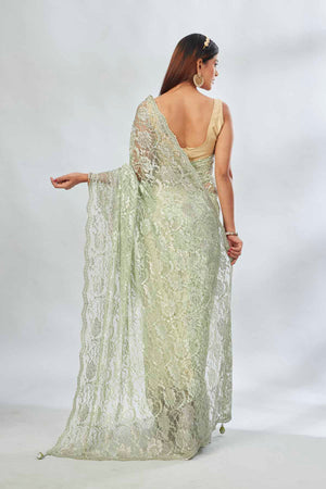 Buy elegant pastel  green embroidered lace saree online in USA. Look your best on festive occasions in latest designer saris, pure silk saris, Kanjivaram silk sarees, handwoven saris, tussar silk sarees, linen sarees,  embroidered sarees from Pure Elegance Indian clothing store in USA.-back