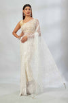 92A653 Off White Embroidered Lace Net Saree