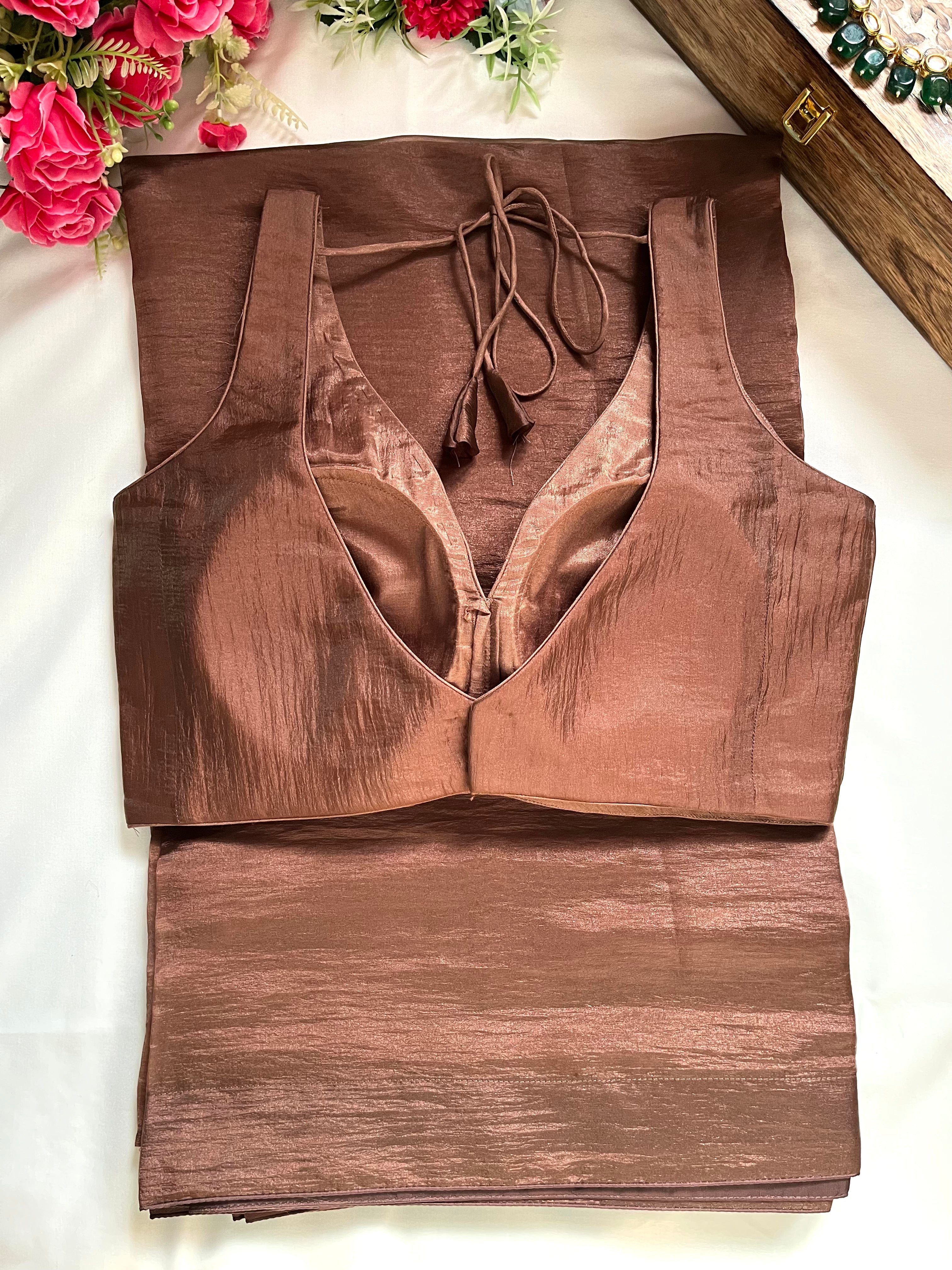 Shop solid brown tissue saree online in USA with sleeveless blouse. Look your best on festive occasions in latest designer saris, pure silk saris, Kanjivaram silk sarees, handwoven saris, tussar silk sarees, linen sarees,  summer sarees from Pure Elegance Indian clothing store in USA.-back