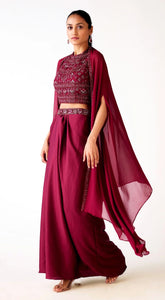 Buy wine satin embroidered draped skirt set online in USA with cape. Shop the best and latest designs in embroidered sarees, designer sarees, Anarkali suit, lehengas, sharara suits, kaftans for weddings and special occasions from Pure Elegance Indian fashion store in USA.-full view