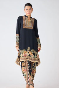 Shop black crepe printed kurta with dhoti salwar online in USA. Shop the best and latest designs in embroidered sarees, designer sarees, Anarkali suit, lehengas, sharara suits, kaftans for weddings and special occasions from Pure Elegance Indian fashion store in USA.-front